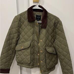 Quilted Olive Bomber Jacket with Brown Corduroy Collar